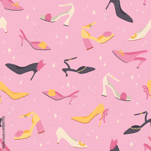 Pattern with high heels shoes illustrations. Seamless texture with modern trendy shoes. Festival female footwear. Stylish flat cartoon collection. Vector pattern on pink background