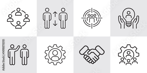 Set of 8 Teamwork and Collaboration Icons Representing Leadership, Communication, Partnership, Innovation, Brainstorming, and Professional Networking