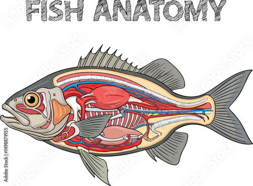 A clear and detailed vector illustration of fish external anatomy, highlighting key features like fins, gills, lateral line, and scales