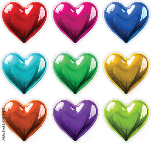 A collection of shiny, colorful heart icons with a smooth, reflective surface, perfect for themes of love