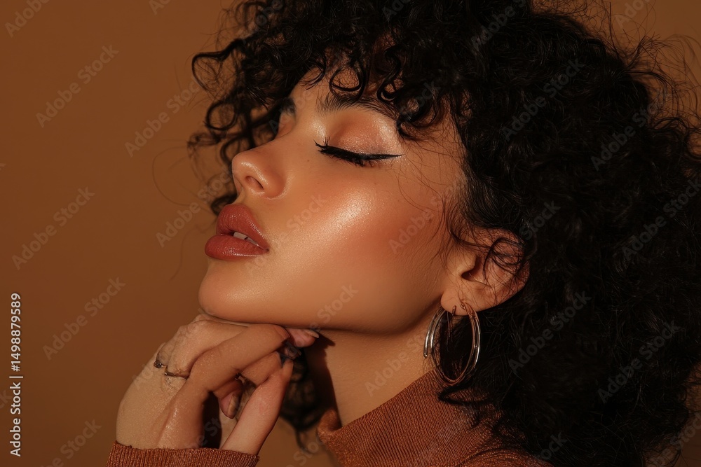 Fototapeta premium Elegant young Latin woman poses gracefully with natural makeup and curly hair surrounded by warm tones in a stylish urban setting during the golden hour