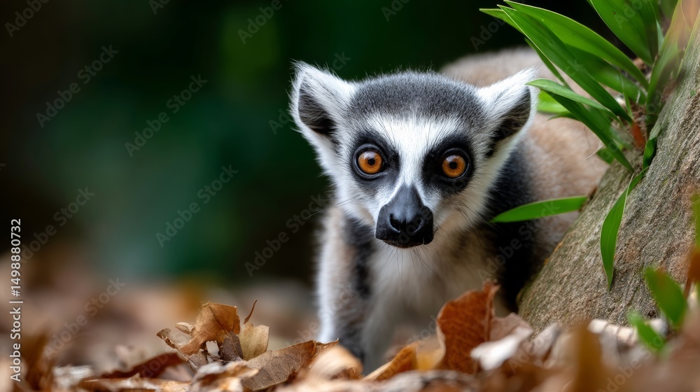 Obraz premium Baby lemur is looking at the camera. The image has a warm and playful mood. The baby lemur is surrounded by leaves and branches, giving the impression of a natural habitat