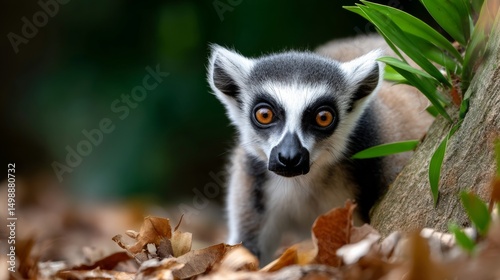 Baby lemur is looking at the camera. The image has a warm and playful mood. The baby lemur is surrounded by leaves and branches, giving the impression of a natural habitat