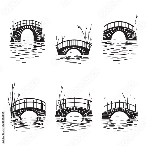 bridge over peaceful wetlands pond natural landscape line art