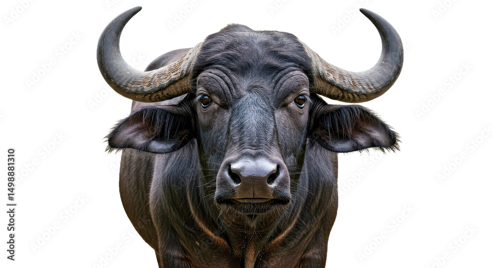 Naklejka premium Murrah Buffalo: Front View, Curled Horns, Glossy Hide, Isolated on White