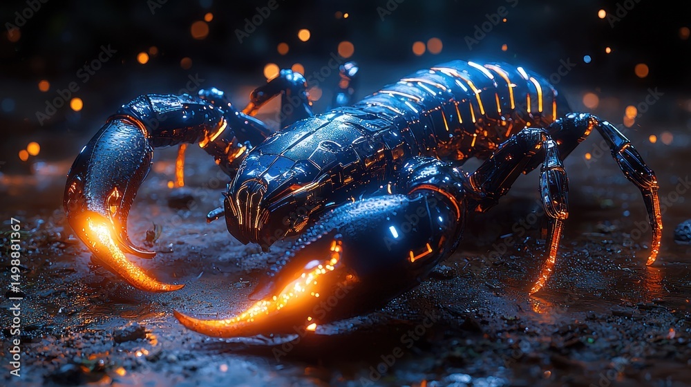 Futuristic scorpion, glowing, dark, fiery Futuristic scorpion, glowing, dark, fiery