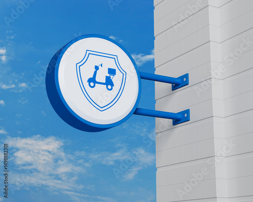 Motorcycle with shield icon on hanging blue rounded signboard over sky, Business motorcycle insurance online concept, 3D rendering