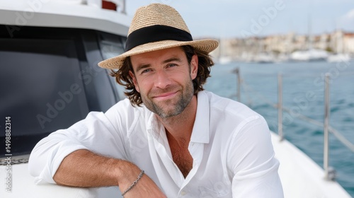 Man wearing a straw hat and white shirt is smiling at the camera. He is sitting on a boat in the water