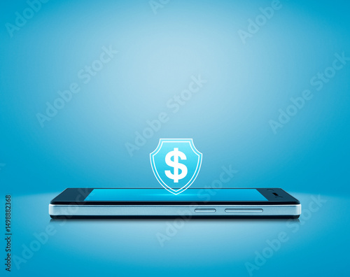 Dollar with shield flat icon on modern smart mobile phone screen over light blue background, Business money insurance and protection online concept