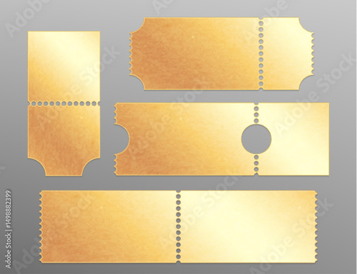Luxury golden tickets collection - shiny metallic gold blank templates of elegant coupons with dotted lines for premium vouchers and vip invitation. Event entrance passes set on transparent background