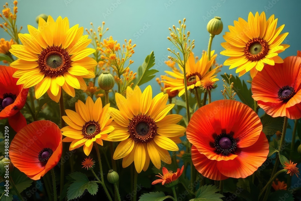 Obraz premium Bold, vibrant sunflowers and poppies in a dense, energetic arrangement , textile, background