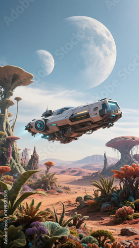 Futuristic spaceship hovers above an alien planet with vibrant exotic flora and fauna. Perfect for sci-fi wallpapers, space exploration themes, digital art, futuristic landscapes, and extraterrestrial photo