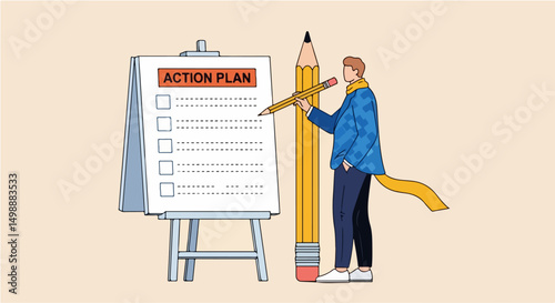 Colorful illustration showing a person drawing an action plan on a large easel for planning and goal setting. business