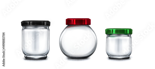 Glass jar mockups - clear container with black, red and green metal lids. Realistic 3d empty transparent kitchenware for product packaging design. Food storage preserve bottles with colored caps.