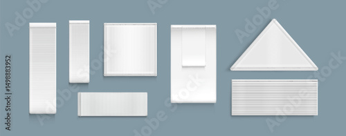 Set of blank white clothing labels, tags and badges mockup templates. Empty fabric ribbons and textile stickers for sewing onto garments. Realistic 3d rectangular and triangular shapes for branding.