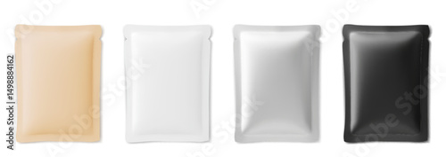 Set of blank foil bag packaging mockups in various colors - beige and white, silver and black. Container template for face mask. Empty sachet, plastic pouch for food, cosmetic or medicine products.