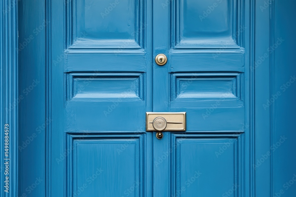 Fototapeta premium Traditional style home featuring a vibrant blue front door with intricate paneling and a brass mailbox, inviting visitors to explore its charm
