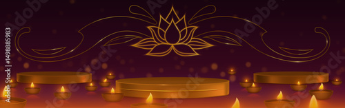 Diwali festival background with gold lotus flower decoration and swirls. 3d podium stage and burning diya oil lamps. Elegant Hindu holiday banner, greeting card design. Traditional Indian celebration