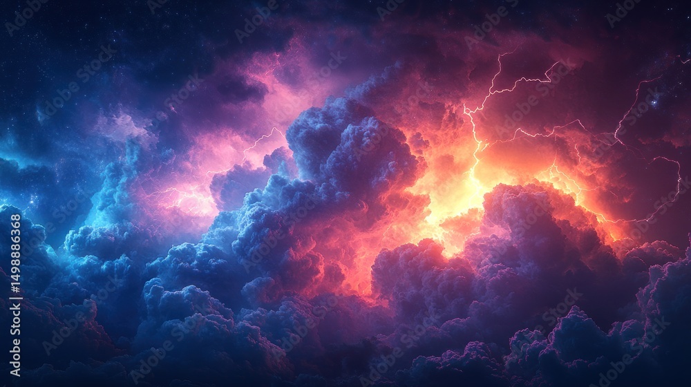 Fototapeta premium Fiery, stormy clouds with vibrant lightning