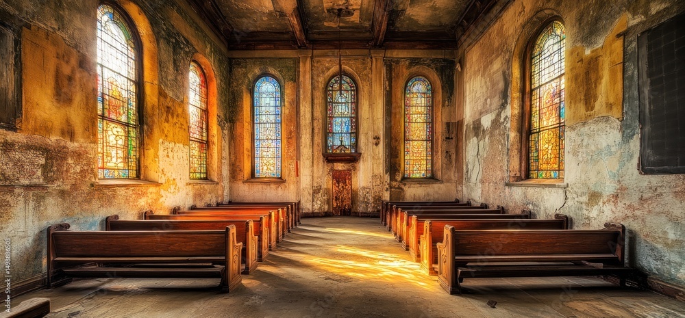 Obraz premium Sunlit Sanctuary: An Abandoned Church's Reverence