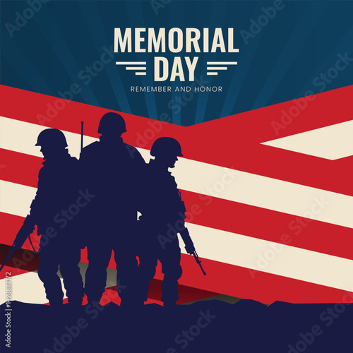 Silhouettes of army soldiers with USA flag. Memorial Day, Independence Day.Vector