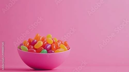 a bowl with colorful sweet jelly beans on a pink background 