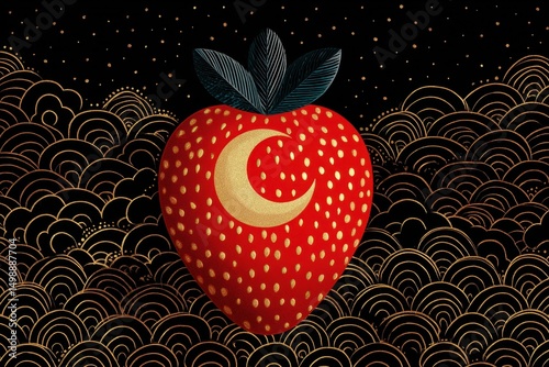 Red Strawberry with Gold Crescent Moon
