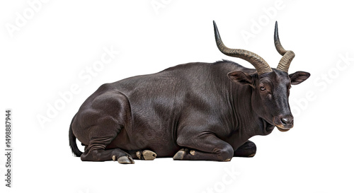 Tamaraw lying down in a relaxed posture, horns visible, thick dark coat, short limbs tucked under body, isolated on white background 