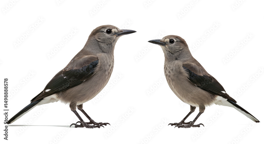 Fototapeta premium Two Clark’s nutcrackers side by side, one slightly larger, both in alert stance, showing black and white tail feathers, isolated on white background