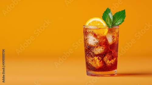 Refreshing iced cola drink in a glass with lemon and mint garnish on a vibrant orange background. The drink is bubbly and filled with ice cubes, creating a sense of summer refreshment.