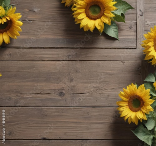 Bright yellow sunflowers on weathered wood, natural light , agricultural, sun