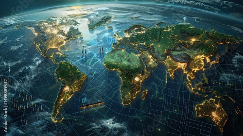Aerial view of earth with glowing cities and grid lines depicting shipping routes and naval vessels