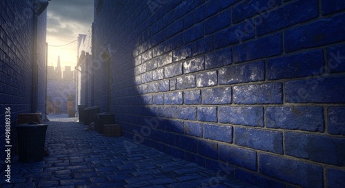 Walking Down a Narrow City Alleyway with Brick Walls and Evening Sky