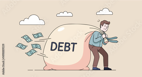 Illustration of a man carrying a large sack labeled debt, symbolizing financial struggles and challenges in managing loans or liabilities. Ideal for topics like debt management, financial strain, and 