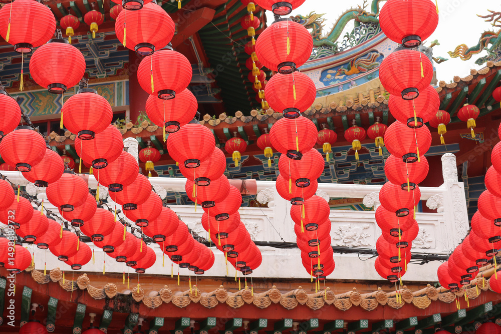 Naklejka premium Red Chinese lantern decorations at Tian Hou Temple in Kuala Lumpur, Malaysia, to celebrate Chinese New Year.