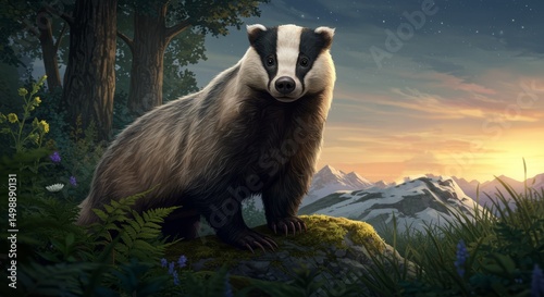 Badger Standing on Mossy Rock in Forest Landscape at Dusk