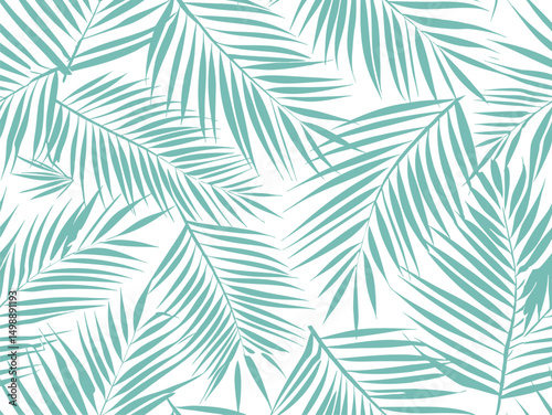 Seamless tropical palm leaf vector pattern in green on white background, perfect for summer themes, exotic designs, textile prints, beach  and vibrant natural surface artwork.