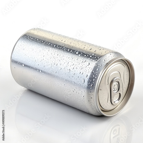 Aluminum Drink Can with Water Droplets on White Background