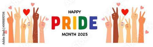 Happy Pride Month 2025 with warm toned diverse hands raised in peace and heart gestures on white background, Flat Illustration

