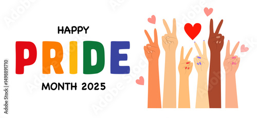 Multicultural hands with hearts and peace gestures celebrating Pride Month 2025 rainbow typography, Flat Illustration

