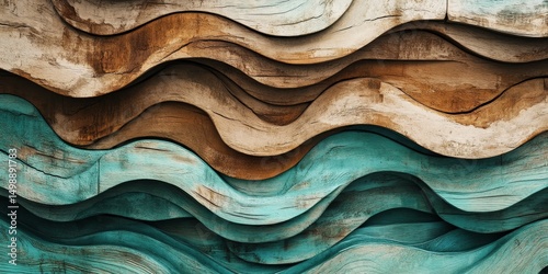 Wood art background - Abstract closeup of detailed organic brown turquoise wooden waving waves wall texture banner wall