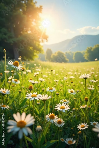 A sunbeam illuminates a field of wildflowers, symbolizing purity, hope, and the benevolent power of nature Perfect for concepts of faith, spirituality, and the divine , sunlight, blossom