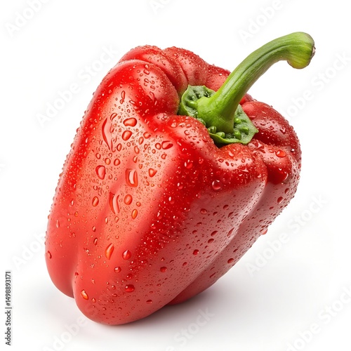 A Fresh Red Bell Pepper with Water Droplets on White Background