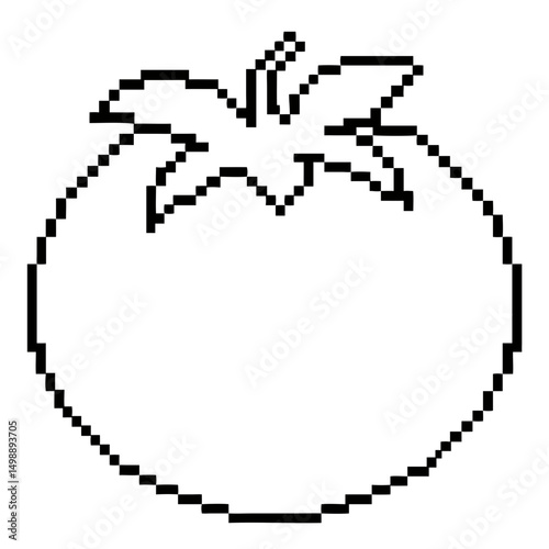 Classic pixel line art of a tomato showcasing its rounded shape and leafy crown