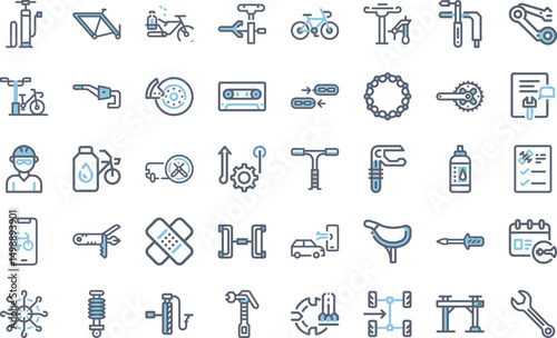 Bicycle repair and maintenance outline icon set with tools and parts illustration