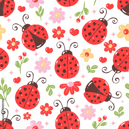 Ladybug Seamless Pattern with Colorful Flowers, Cute Red Insect Spring Background Design