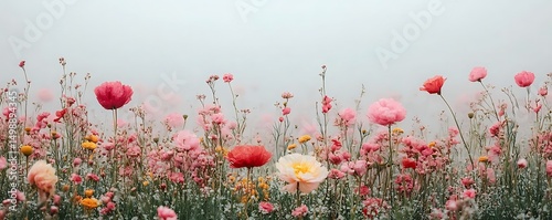 Misty field, pink flowers, dreamy scene, nature background, floral wallpaper