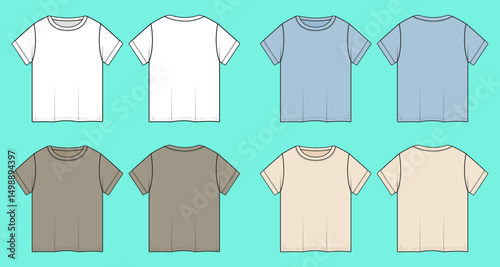 Crew neck Short sleeve Boys t-shirt colour way sets fashion flat sketch CAD mockup front and back views.
