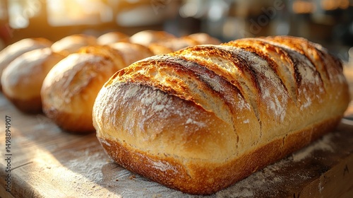 Freshly baked loaves of bread on a wooden board
