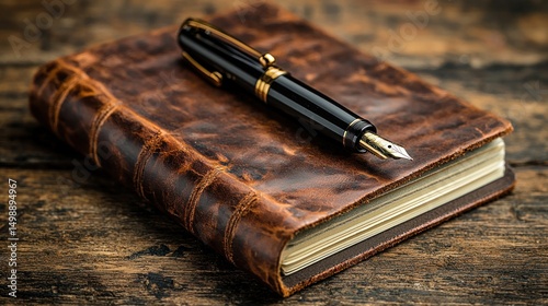 Leather-bound journal with pen resting on a wooden surface